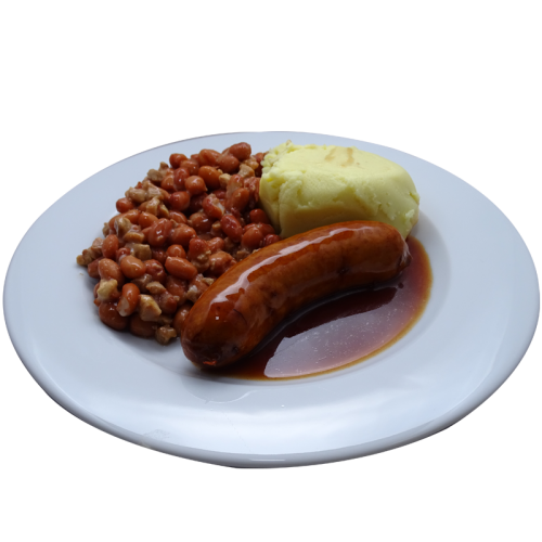 Saucijs (v) Vleesjus Bruine bonen met spek en aardappelepuree (natrium/zoutarm)